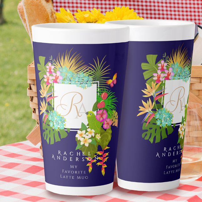 Taza De Café Latte Armada Monográfica de Jardín Tropical (Tropical Monogram Navy Latte Mug.)