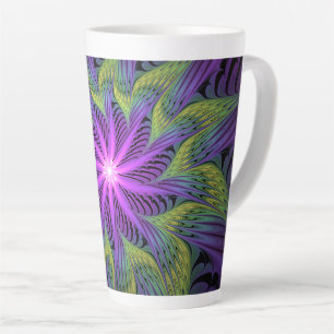 Taza De Café Latte Arte abstracto fractal moderno de flor verde púrpu