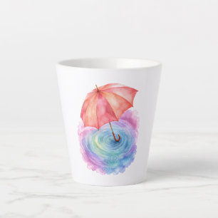 Taza De Café Latte Arte Acuarela de Paraguas Pastel y Ondas de Lluvia