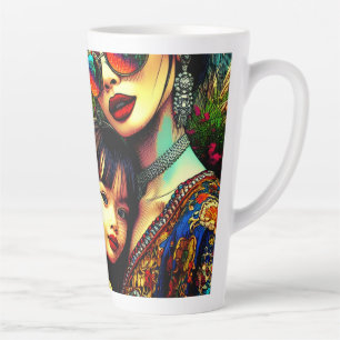 Taza De Café Latte Arte colorido de mamá e hija en jardín de flores a