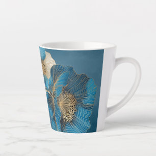 Taza De Café Latte Arte de línea dorada Floral botánico Amapola azul