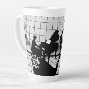 Taza De Café Latte Arte de silueta de piano estilo Art Deco Negro y