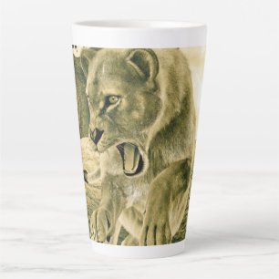 Taza De Café Latte Arte dramático de safari de fauna con leona