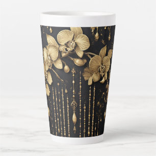 Taza De Café Latte Arte floral de orquídea dorada lujosa