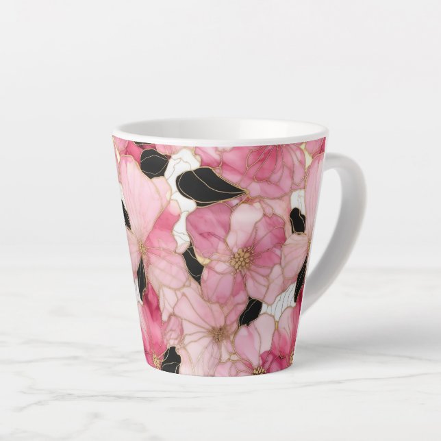 Taza De Café Latte Artistic Pink Blooms Black Ink Abstract (Ángulo derecho)