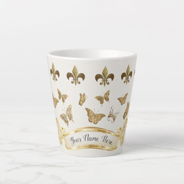 Taza De Café Latte Aspecto de oro personalizado Fleur de Lis Butterfl (Anverso)