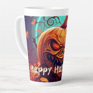 Taza De Café Latte Asustada Naranja Calabaza con cara, Halloween