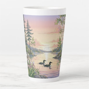 Taza De Café Latte Atardecer en el lago Minnesota con somorgujos, taz
