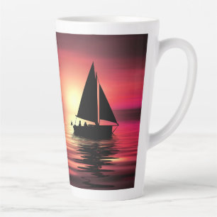 Taza De Café Latte Atardecer, mar, velero-39186
