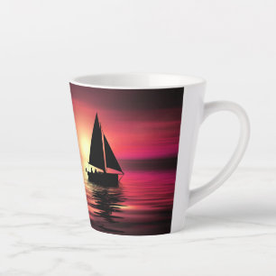 Taza De Café Latte Atardecer, mar, velero-39186