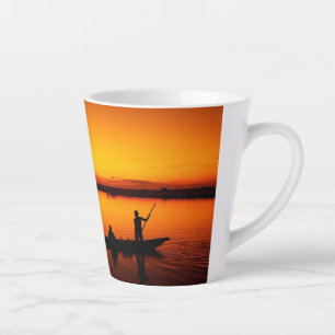 Taza De Café Latte Atardecer, Silueta de Barco Remolino-16497