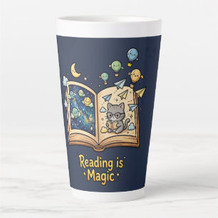 Taza De Café Latte Aventura de lectura mágica - Diseño kawaii de libr