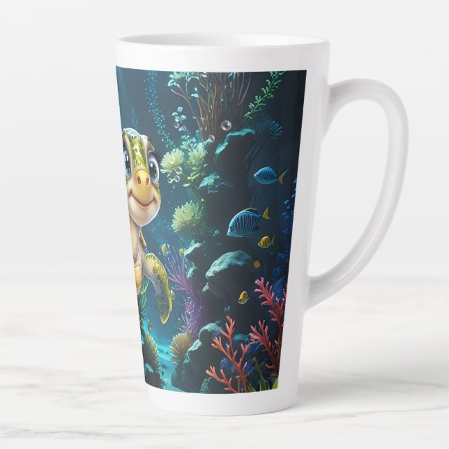 Taza De Café Latte Aventuras submarinas con la alegre tortuga. (Derecha)