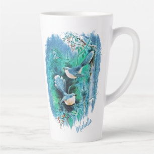 Taza De Café Latte Aves Azules De Invierno Pintando Con Nombre Latte