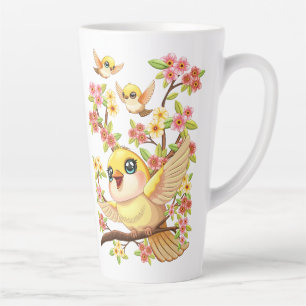 Taza De Café Latte Aves cortas y felices entre las flores de primaver