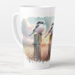 Taza De Café Latte Aves de acuarela pastel en un poste de cerca al at