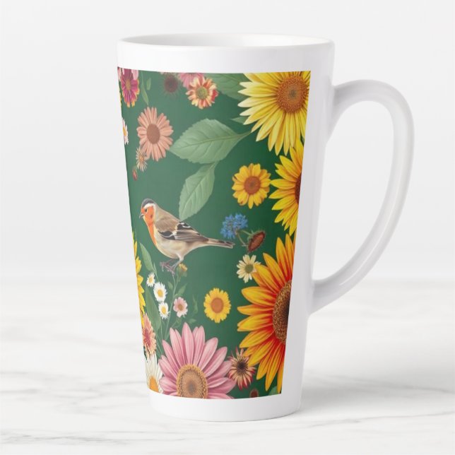 Taza De Café Latte Aves De Fondo Verde Oscuro Y Flores (Derecha)