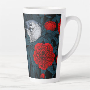 Taza De Café Latte Aves y flores de peón rojo con hojas azules