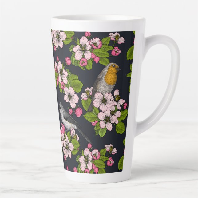 Taza De Café Latte Aves y flores en negro (Derecha)