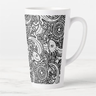 Taza De Café Latte Azteca Axolotl Xolotl Patrón Tribal Negro & Blanco