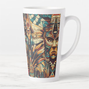 Taza De Café Latte Azul Ceruleño "Motif Mesoamericano" Tall Latte Mug