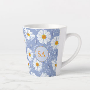 Taza De Café Latte Azul floral monogramado, Naranja, blanco