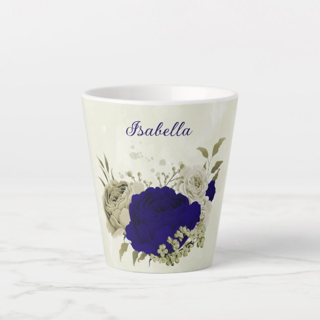 Taza De Café Latte Azul real beige floral  (Anverso)