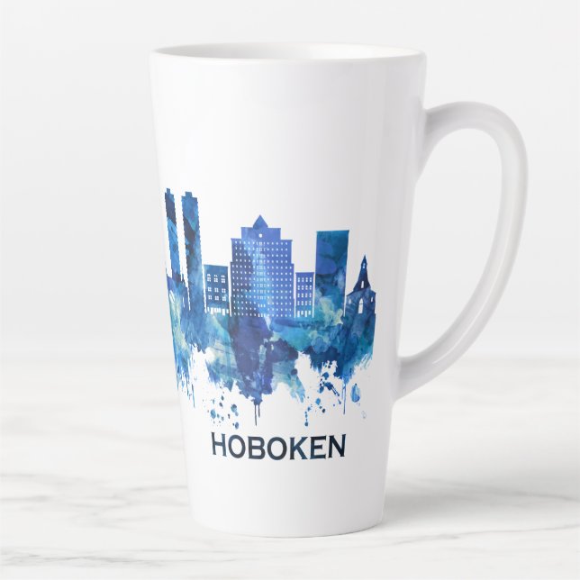 Taza De Café Latte Azul Skyline de Hoboken Nueva Jersey (Derecha)