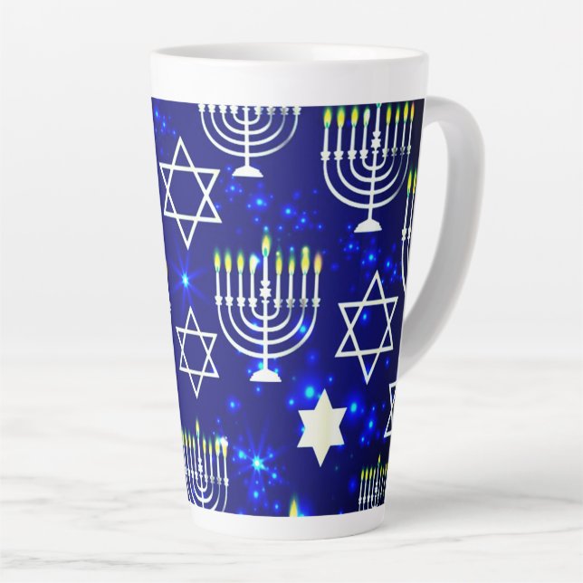 Taza De Café Latte Azul y blanco Hanukkah Menorah (Ángulo derecho)