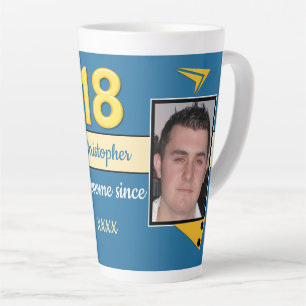 Taza De Café Latte Azul y dorado con nombre foto cumpleaños 18
