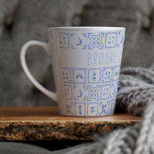 Taza De Café Latte Azulejo de acuarela azul y blanco de Delft   Monog