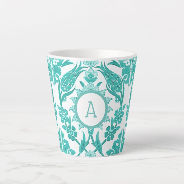 Taza De Café Latte Azulejos florales blancos y Verde azulados para gr (Anverso)