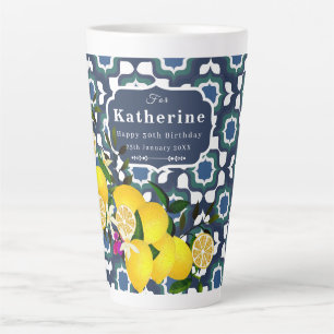 Taza De Café Latte Azulejos Mediterráneos de Limón Azul Marino Blanco