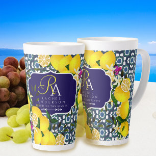 Taza De Café Latte Azulejos Mediterráneos Limón Azul Marino