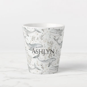 Taza De Café Latte Baby Shower de ballenas gris oceánicas