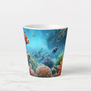 Taza De Café Latte Bajo el mar, tortuga, coral, barco, pez payaso