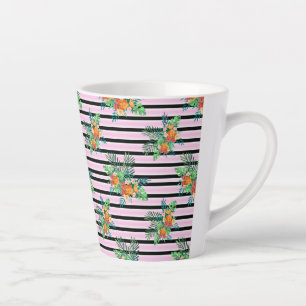 Taza De Café Latte Bandas florales negras y rosas