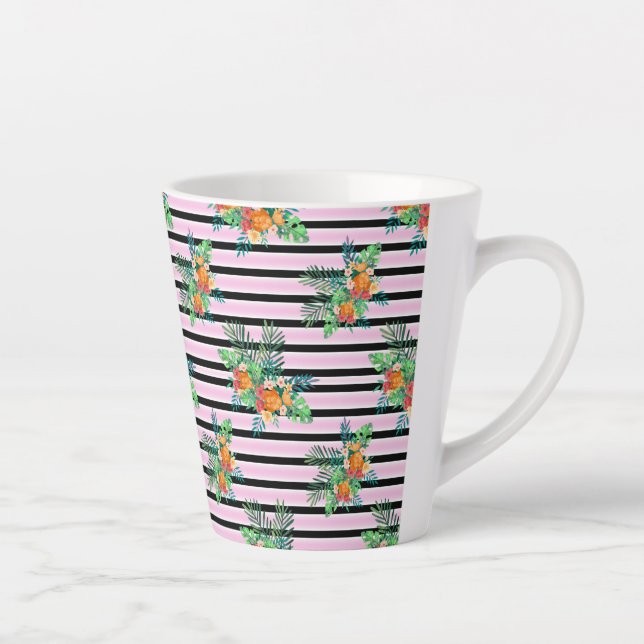 Taza De Café Latte Bandas florales negras y rosas (Derecha)