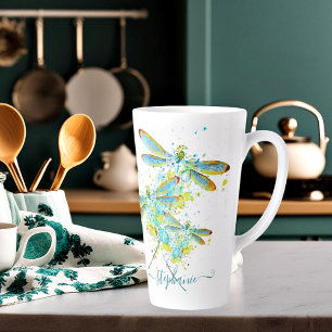 Taza De Café Latte bandeja de libélula verde azulada personalizada