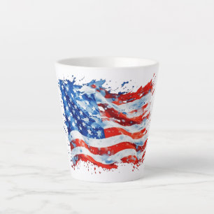 Taza De Café Latte Bandera Americana USA Acuarela 4 de Julio