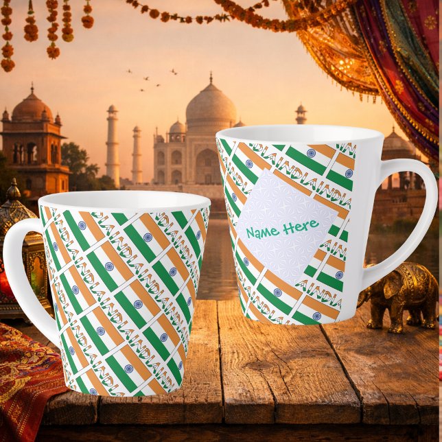Taza De Café Latte Bandera de la India personalizada en mosaico (Personalized latte mug has tiled Indian Flag, INDIA in flag colors. White fractal holds a name.)