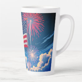 Taza De Café Latte Bandera Patriótica Americana con fuegos artificial