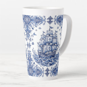 Taza De Café Latte Barco Mercante Estilo Delft Azul Blanco