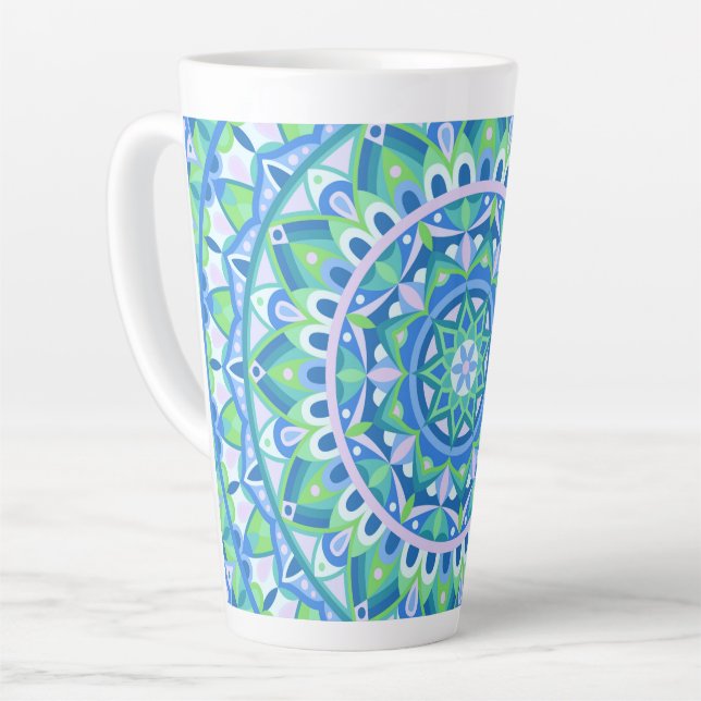 Taza De Café Latte Base azul Mandala (Ángulo izquierdo)