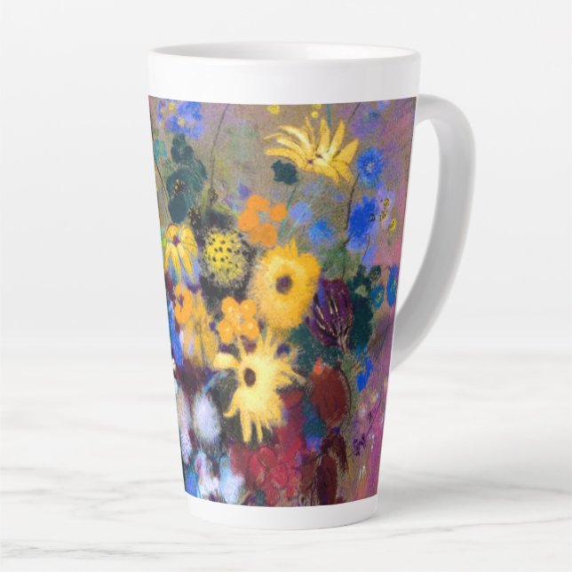 Taza De Café Latte Base blanca con flores Odilon Redon (Ángulo derecho)