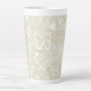 Taza De Café Latte Bastante Romántico Crema Marfil Mariposas Corazone