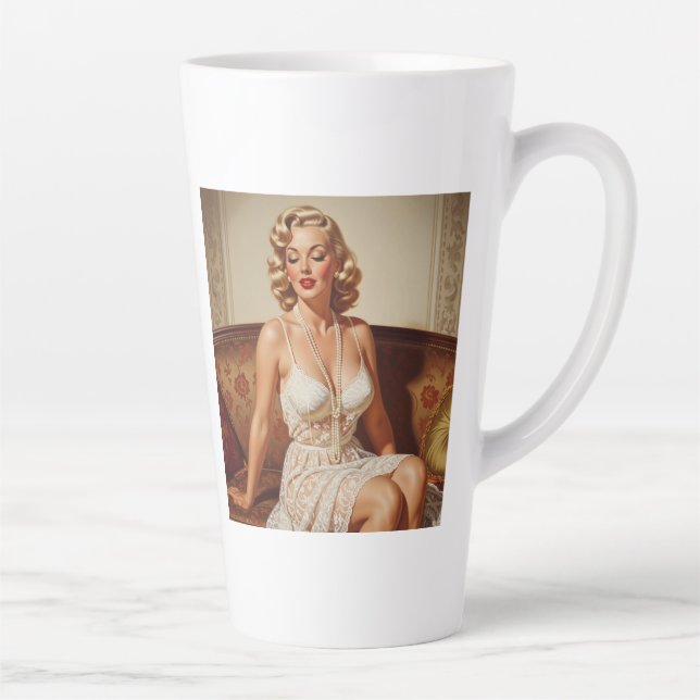 Taza De Café Latte Beautiful blonde pin-up 50's art (Derecha)