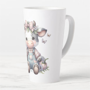 Taza De Café Latte Bebé Vaca Pastel Adorable con Mono y Flores