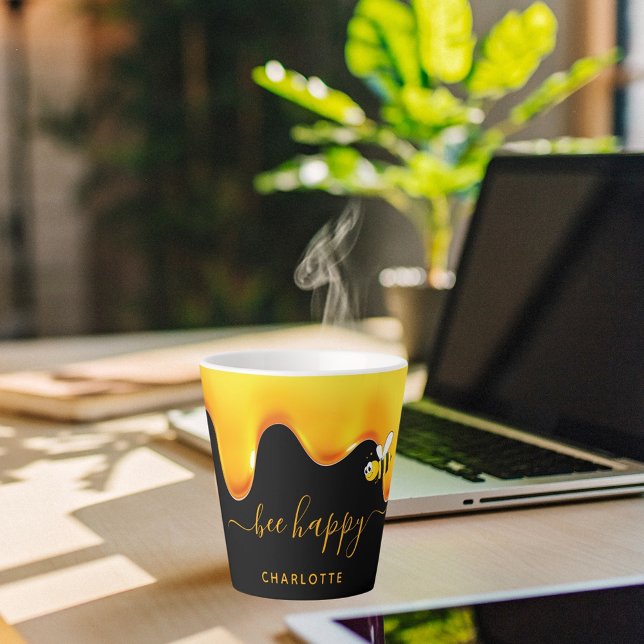 Taza De Café Latte Bee Happy negro lindo abejorro abejorros goteando  (Subido por el creador)