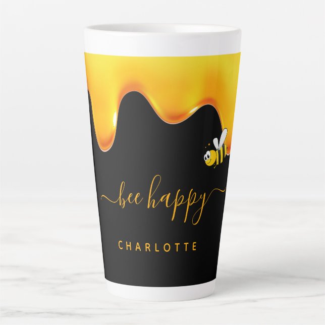 Taza De Café Latte Bee Happy negro lindo abejorro abejorros goteando  (Anverso)